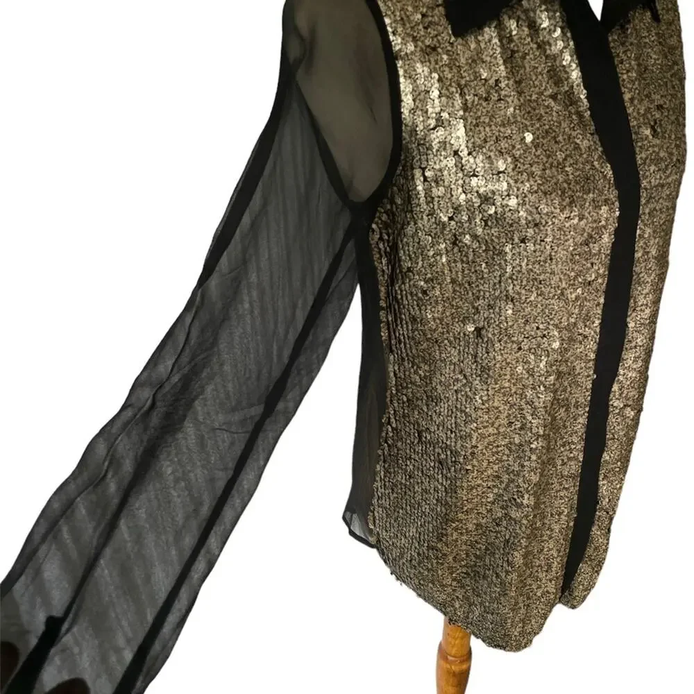 Aryn K. Silk Long Sleeve Sheer Black Blouse with Gold Sequins Size M - Picture 3 of 9